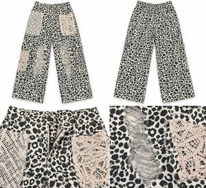 POL Gypsy Wildcat Leopard Print Distressed Crochet Patchwork Pants Medium